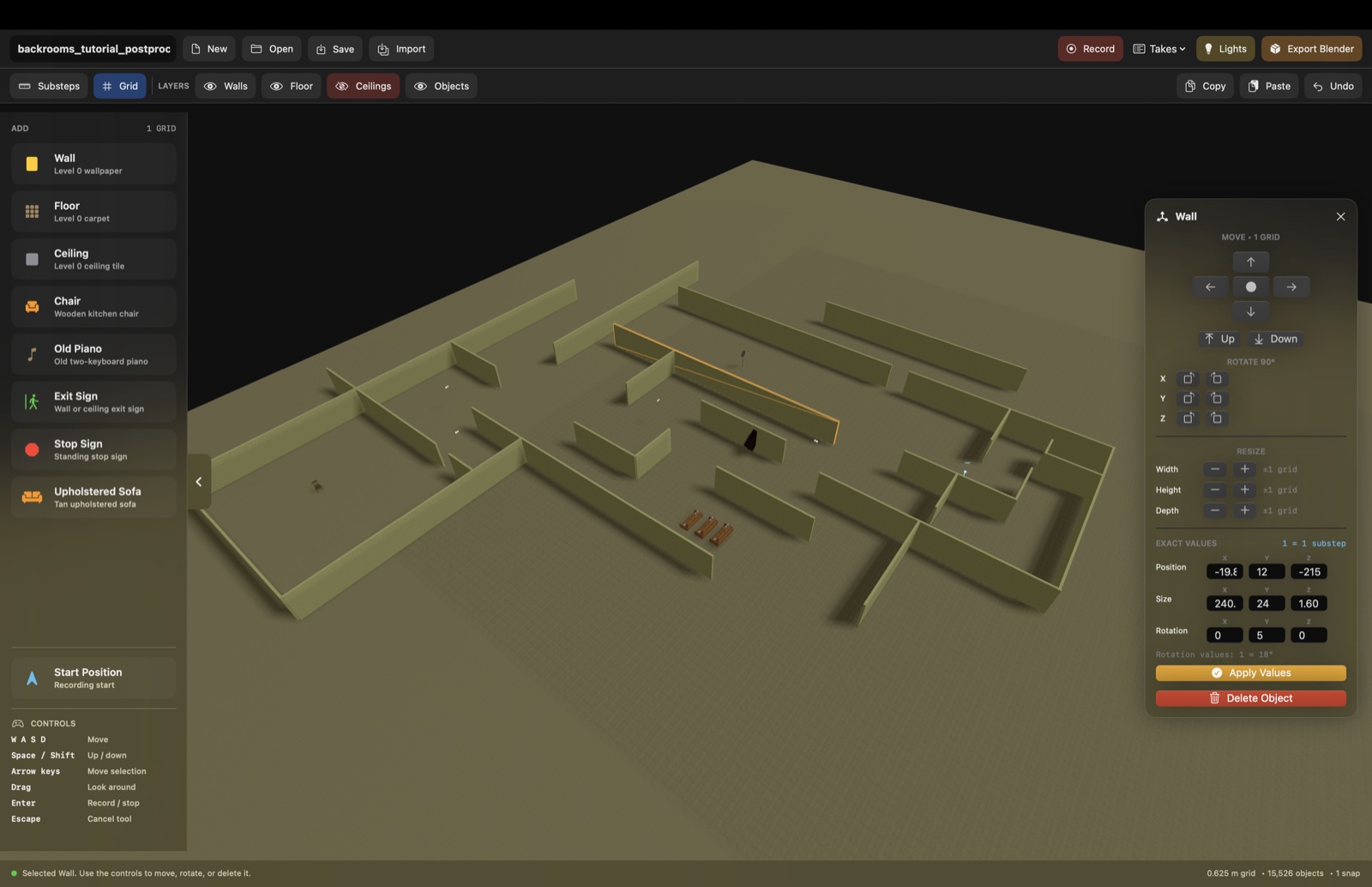 Backrooms Builder showing a large grid-aligned maze with the wall editing controls open