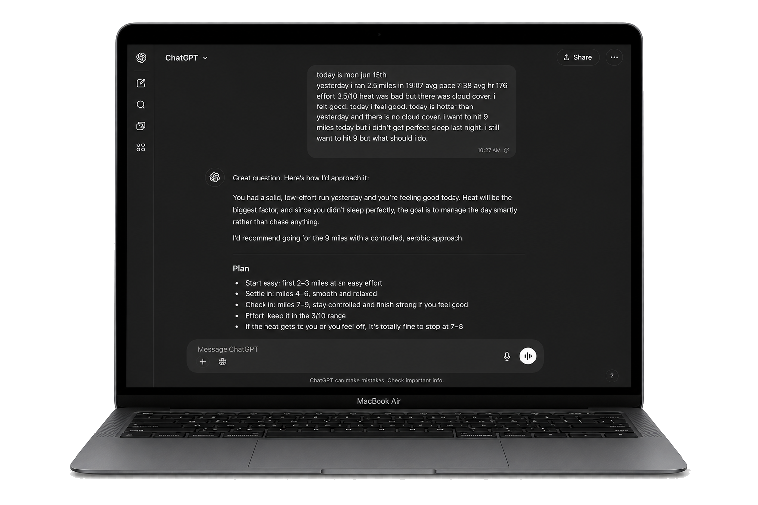 Running coach prompt shown on a laptop screen